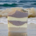 Purple, lavender, and white layered goats milk soap bar with gold accent lines | Okoboji Soap Company