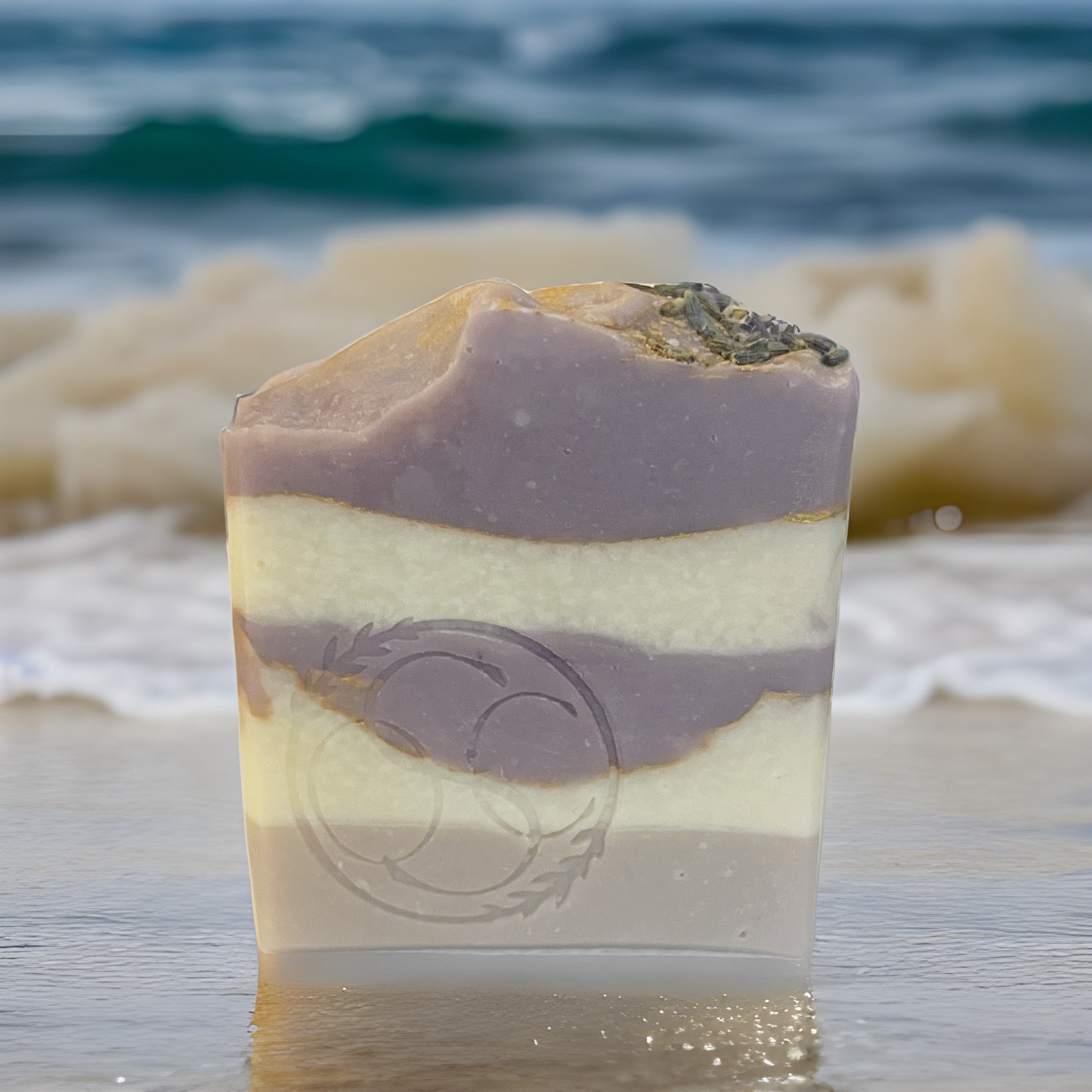 Purple, lavender, and white layered goats milk soap bar with gold accent lines | Okoboji Soap Company