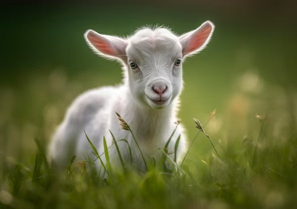 White baby goat running through green grass | Okoboji Soap Company