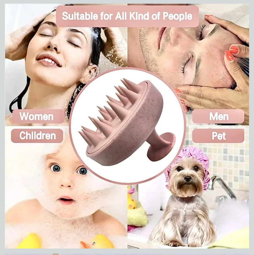 Product for scalp massage with images of people and a dog using it.