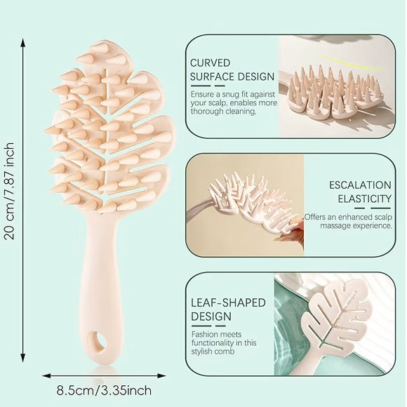 Leaf-shaped scalp stimulator brush with features and measurements on a light blue background