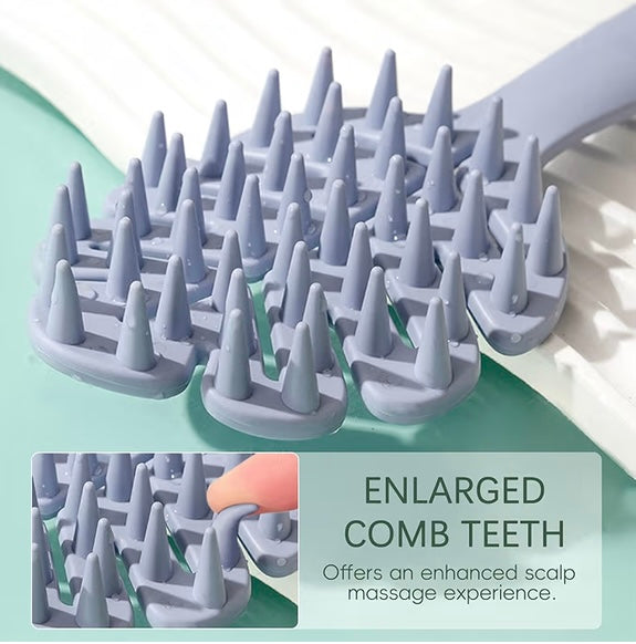 light blue scalp stimulator brush on a light green background
