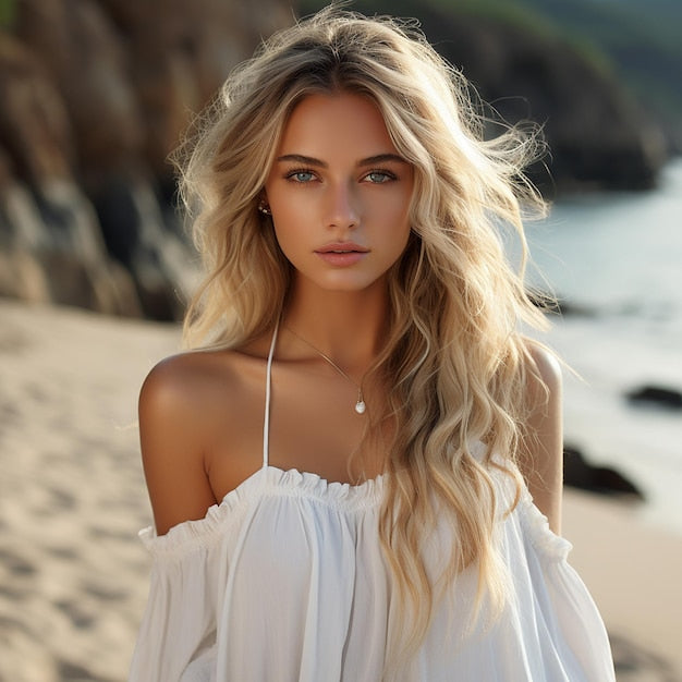 Woman in a white dress with blonde hair on a beach