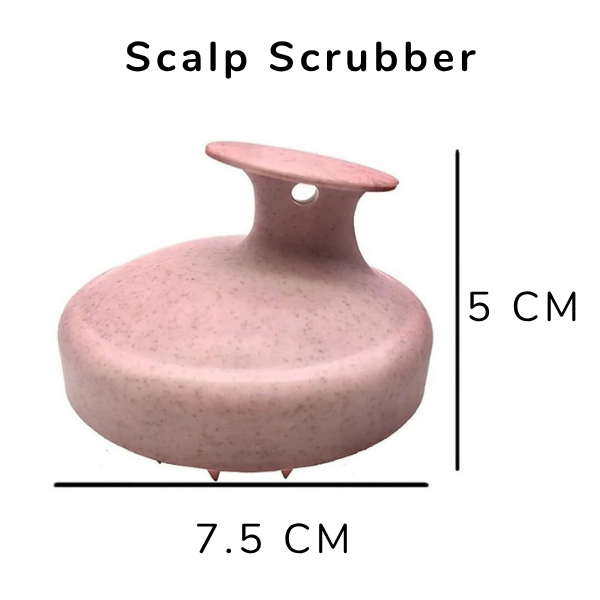 Pink scalp scrubber with measurements on a white background