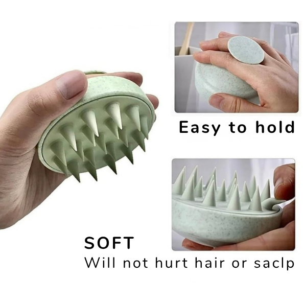 Green scalp massager with text indicating ease of use and softness on a white background