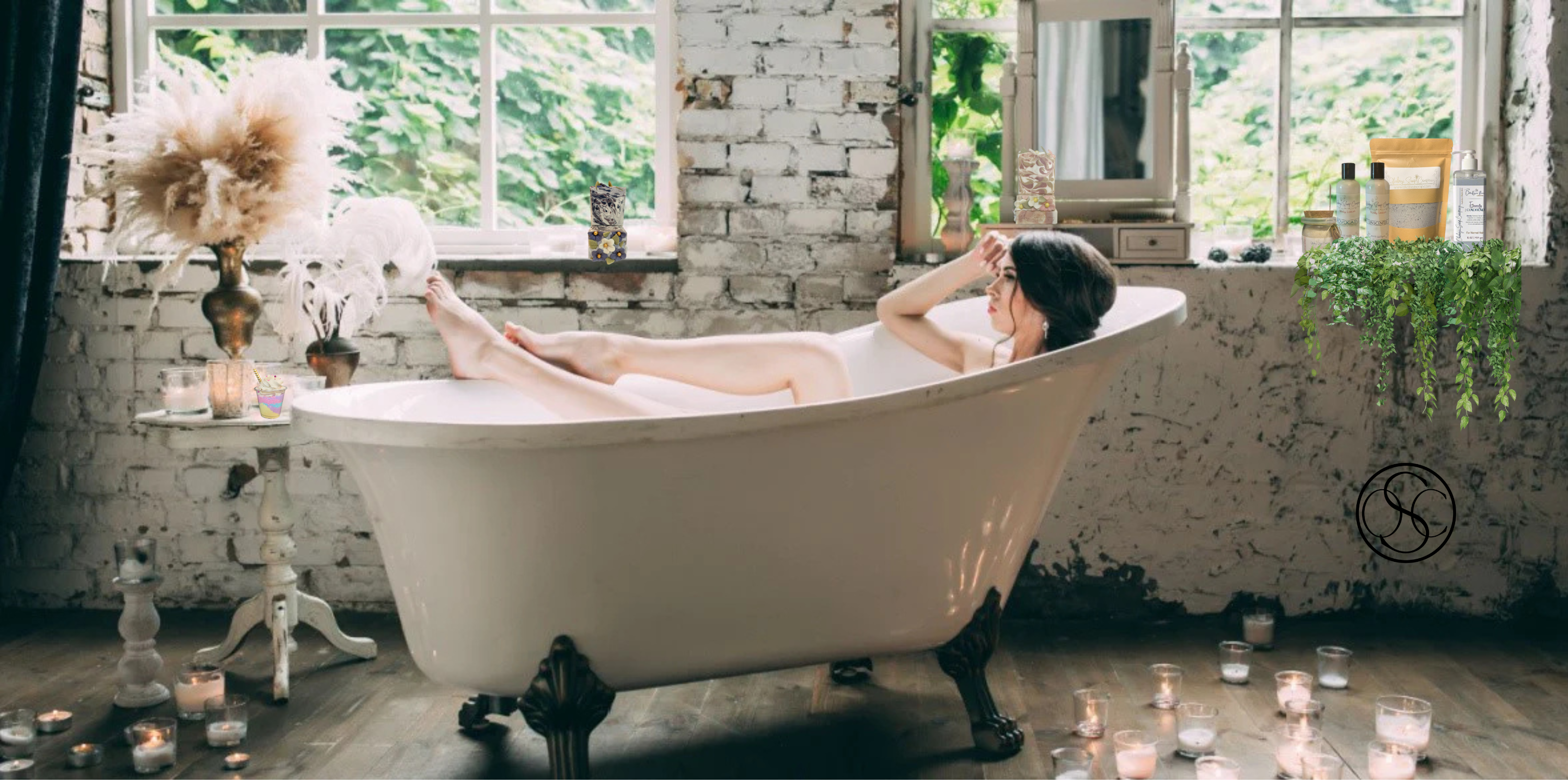 Woman taking bath with okoboji soap company products in boudoir setting