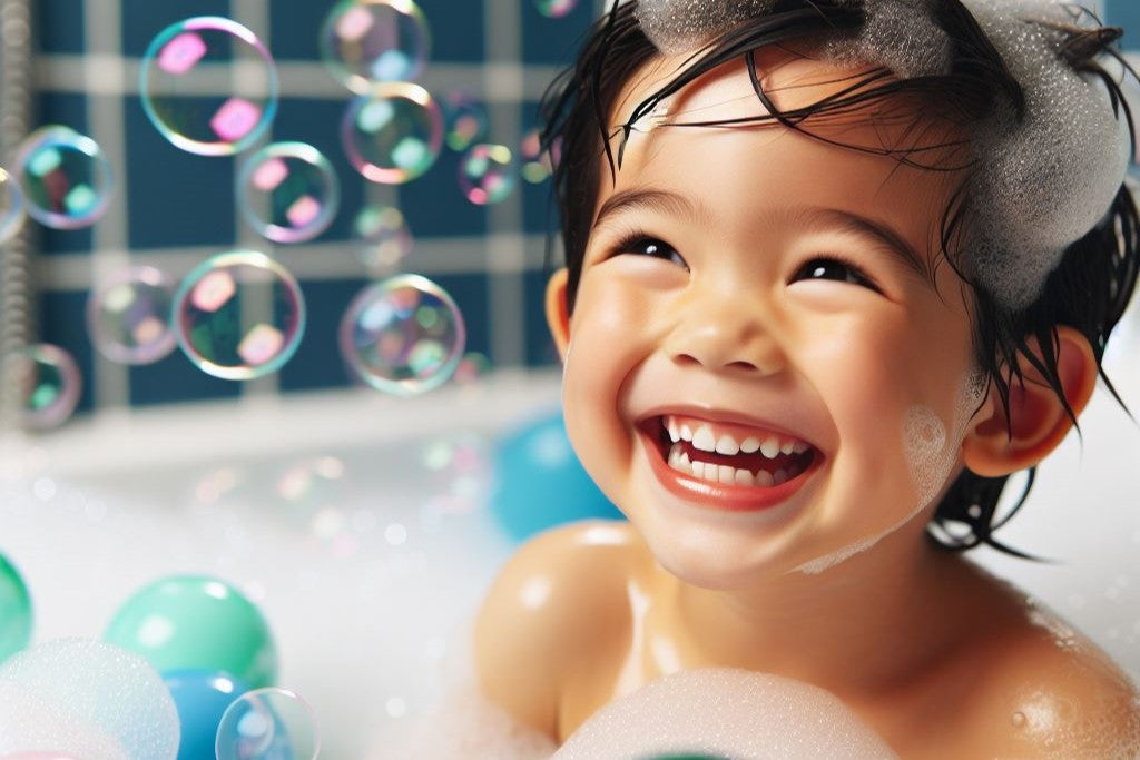 Cute boy in bath with lots of bubbles | Okoboji Soap Company