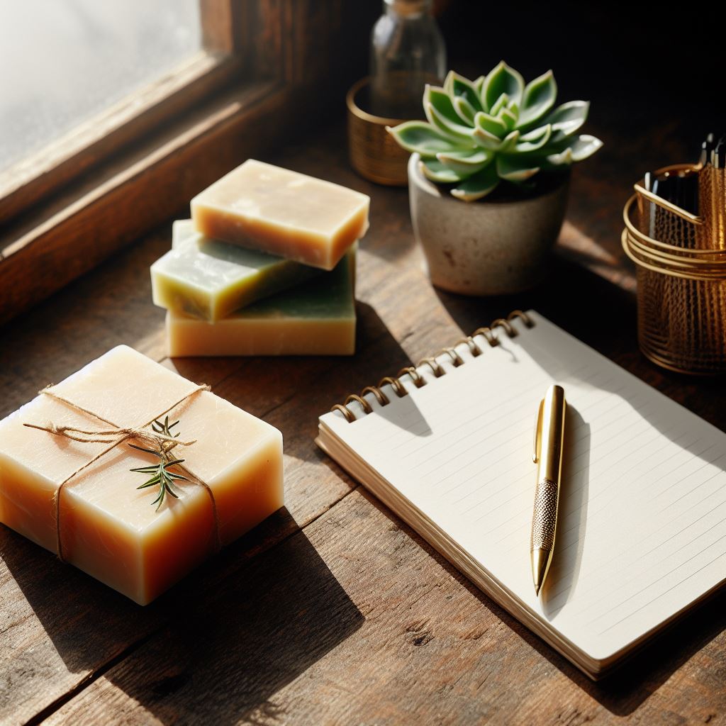 Pen and paper sitting on wood table by bars of soap and a succulent plant | Okoboji Soap Company