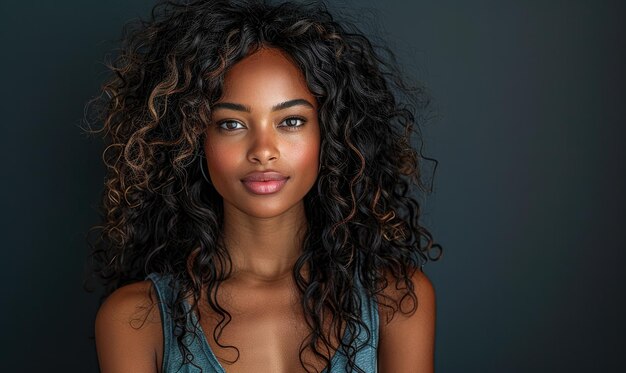Woman with curly hair against a dark background