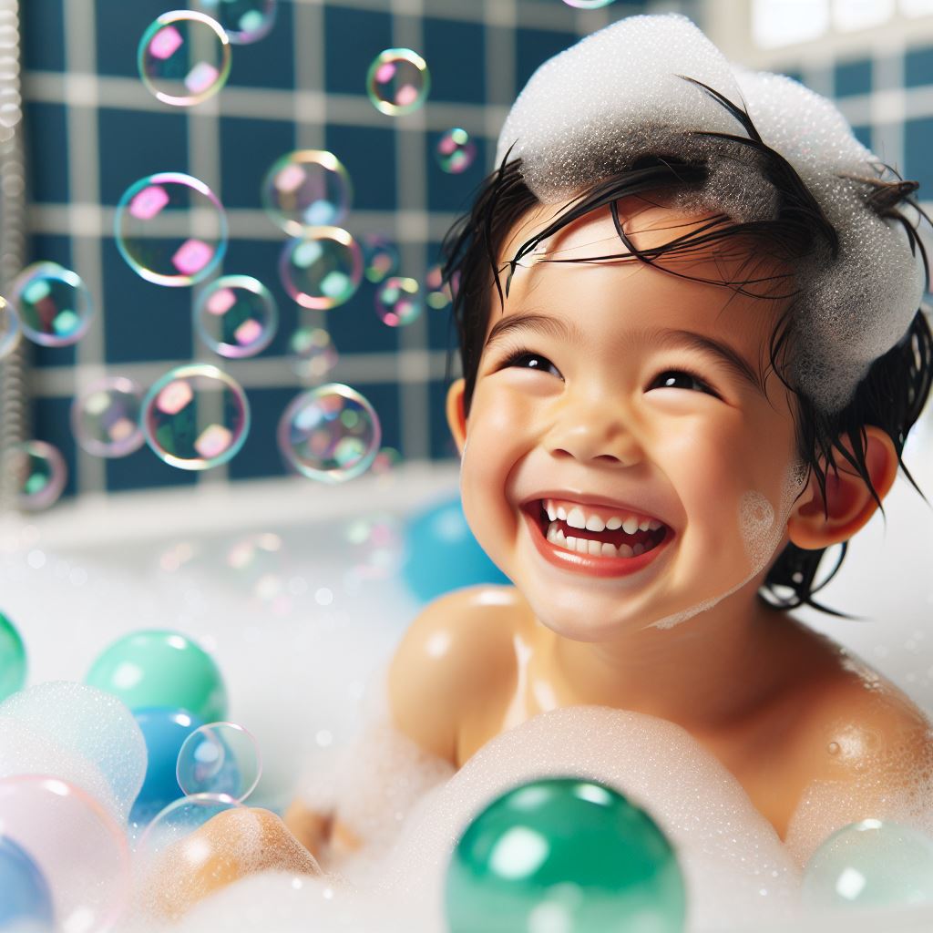 Sweet boy laughing in bubble bath | Okoboji Soap Company