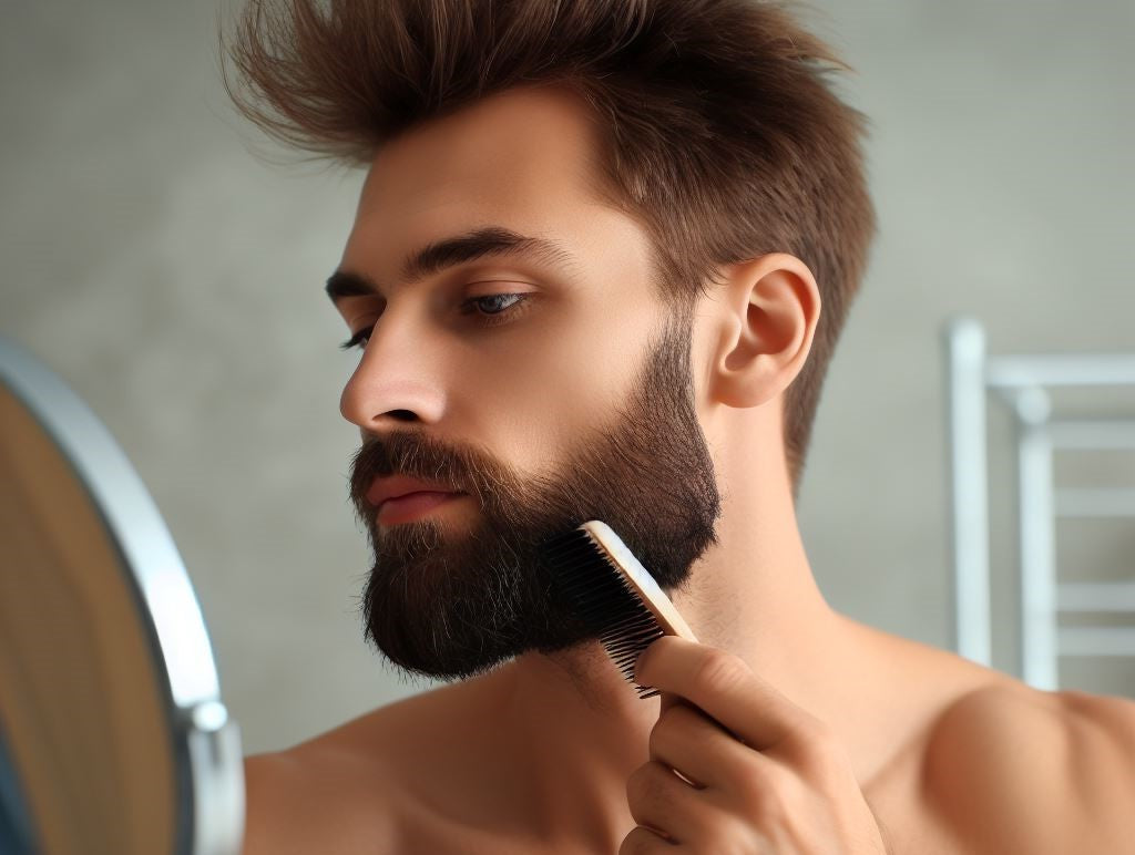 Handsome man combing beard | Okoboji Soap Company