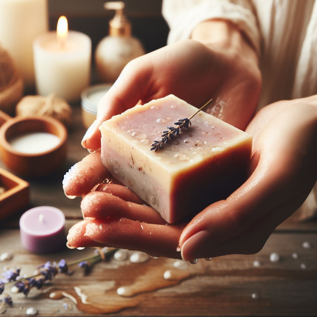 Womans hands holding lavender soap