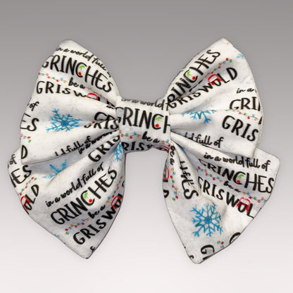 white with blue snowflakes and black font "Be a Griswold" Cotton Sailer Necktie  | Okoboji Soap Company