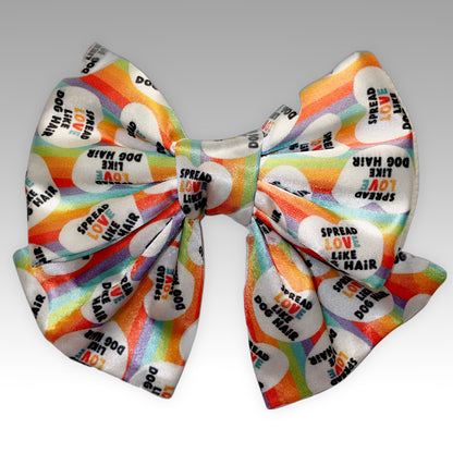 Pet Bowtie front view with words "Spread love like dog hair" rainbow colored Sailer Necktie