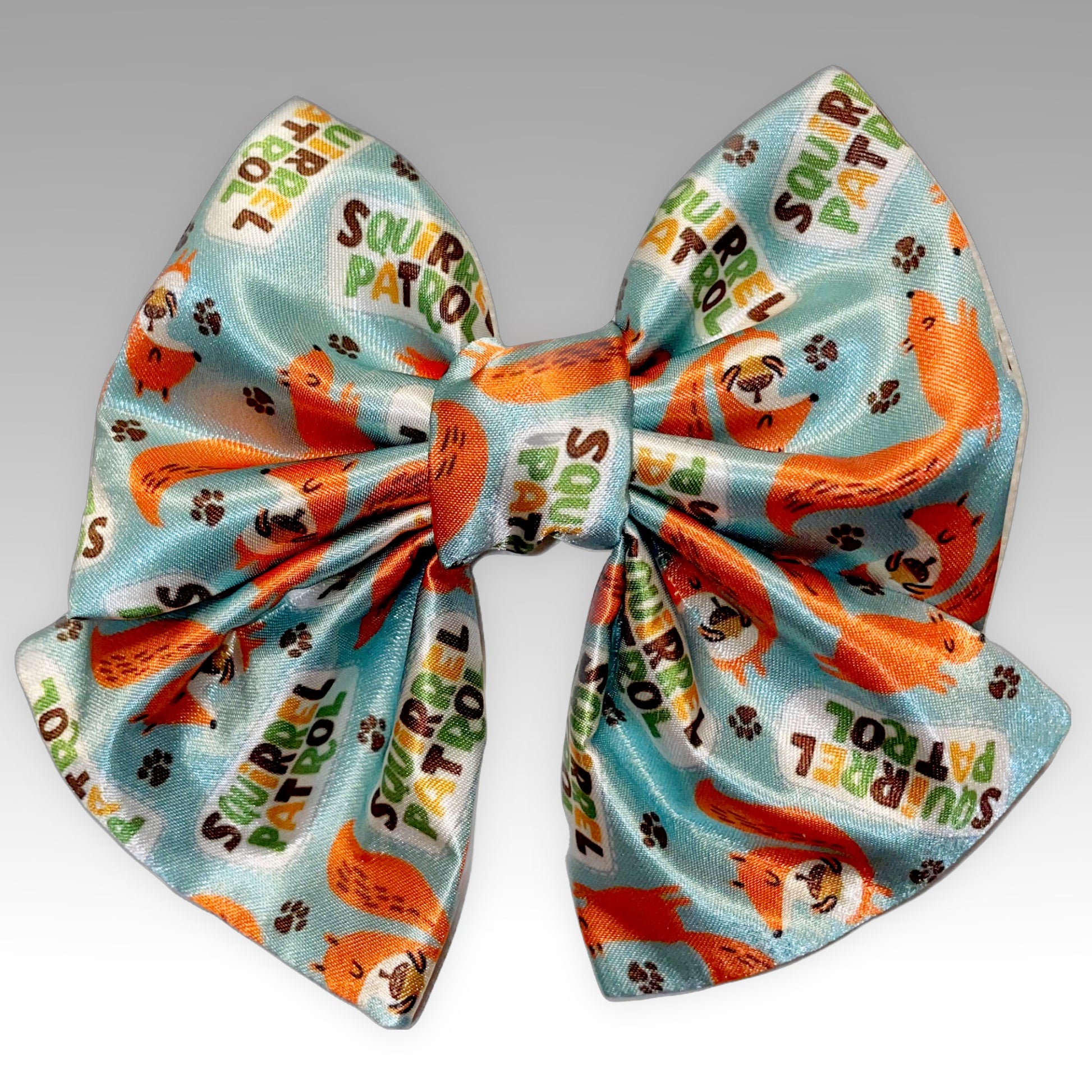 Silk Pet Bowtie front view with words "Squirrel patrol" Sailer Necktie