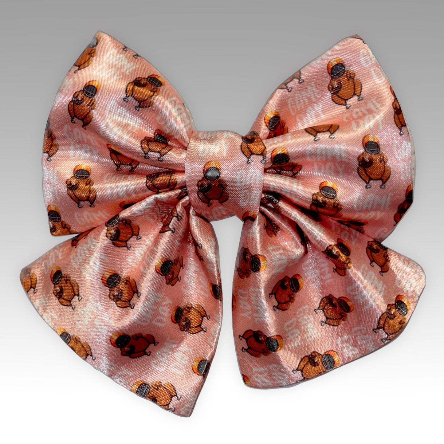 Pet Bowtie - Pink with turkey wearing helmet "Game Day" Satin Sailer Necktie