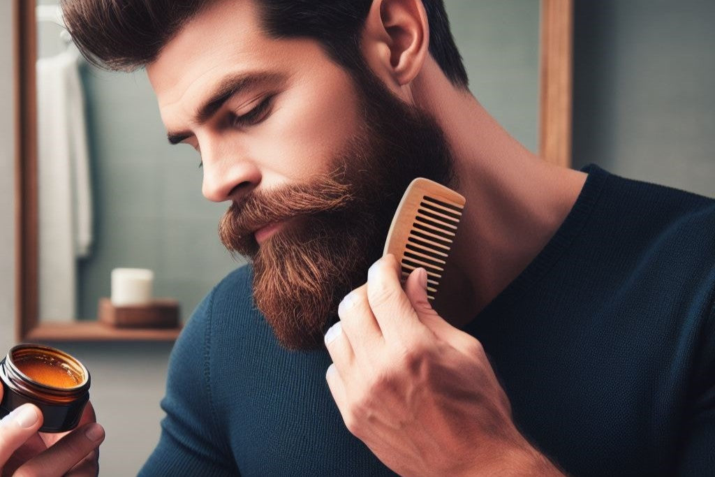 Handsome man holding beard balm and comb | Okoboji Soap Company