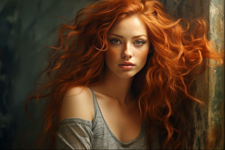 Woman with flowing red hair against a textured wall background