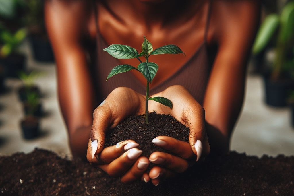 woman holding a plant in dirt in her hands